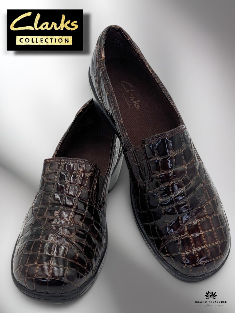 Clarks Sz 9M Bendables Women's Brown Croc Embossed Slip On Loafers Stretch Gores